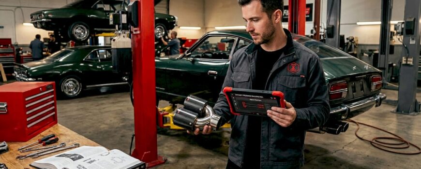 Technician compares car exhausts in garage
