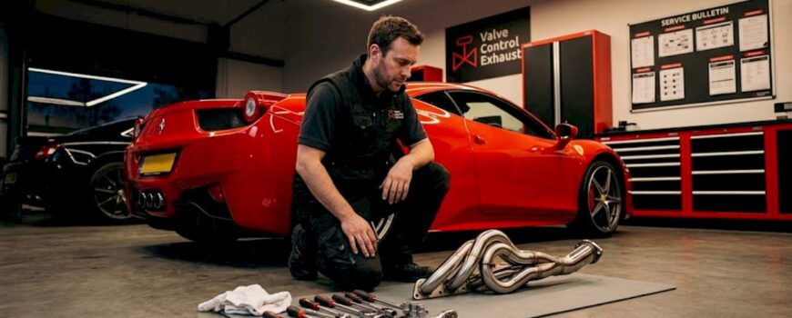 Technician examines Ferrari exhaust system parts