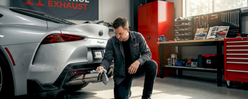 Car enthusiast polishing sports car exhaust tips