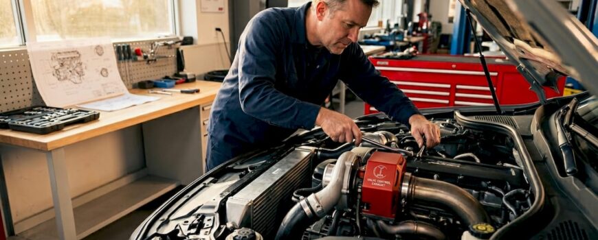 Mechanic inspects turbocharger exhaust system