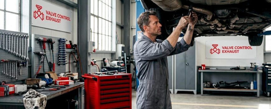Mechanic removes exhaust in service bay