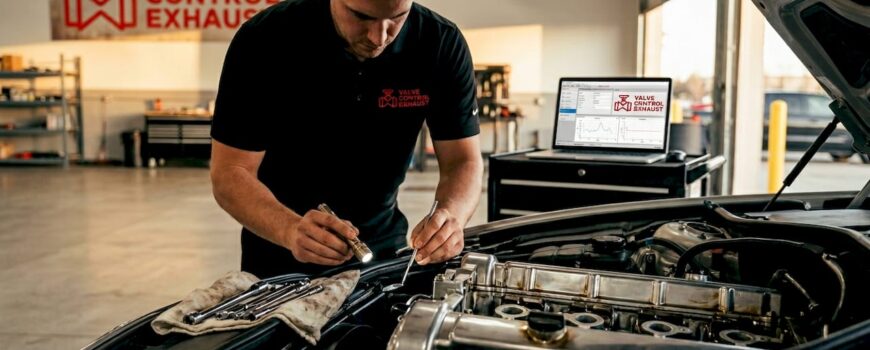 Technician inspecting exhaust valves in luxury car engine