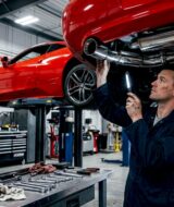 Mechanic inspecting sport exhaust system under car