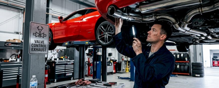 Mechanic inspecting sport exhaust system under car