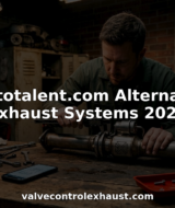 Technician inspecting car exhaust system in workshop