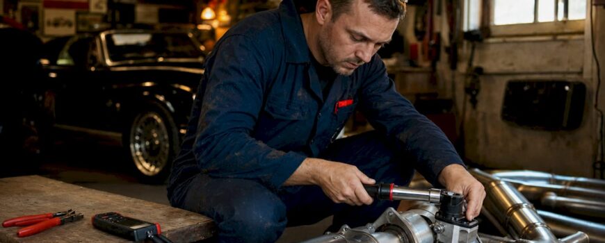 Engineer adjusting Audi exhaust butterfly valves