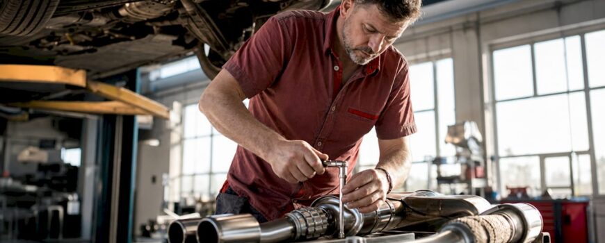 Mechanic assembling high-performance exhaust system