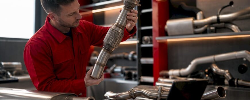 Engineer examining performance exhaust pipe