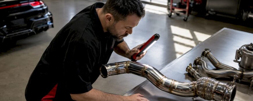 Technician inspecting turbo exhaust in workshop