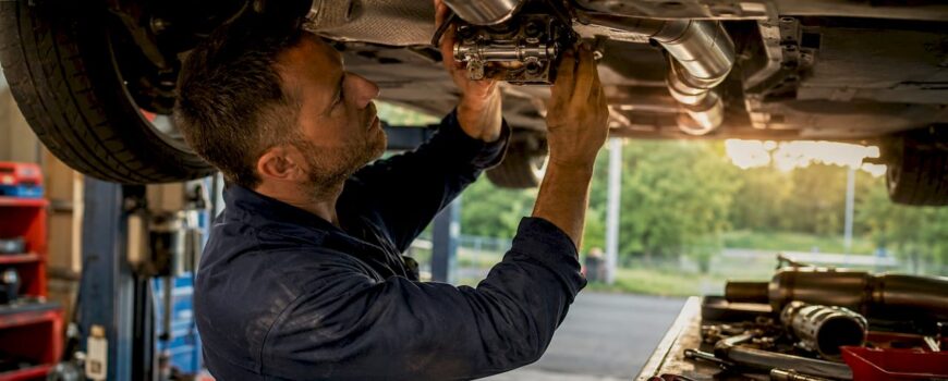 Technician adjusting active exhaust valve in workshop
