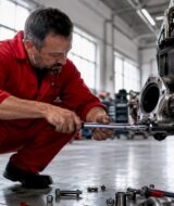 Mechanic tightening turbo exhaust flange bolts