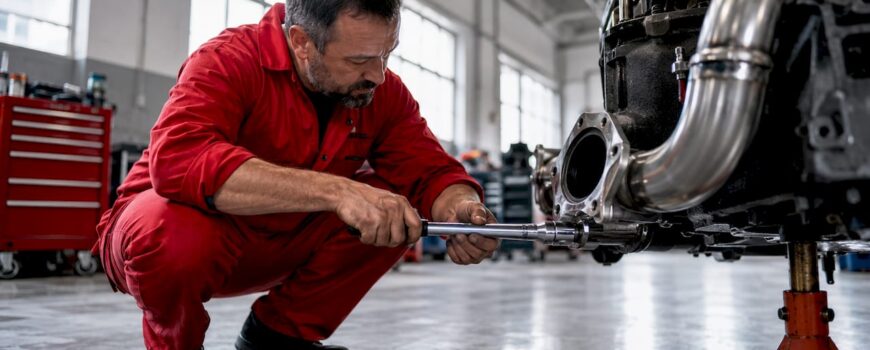 Mechanic tightening turbo exhaust flange bolts