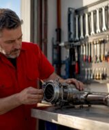 Engineer examining automatic exhaust valve assembly