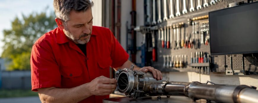 Engineer examining automatic exhaust valve assembly