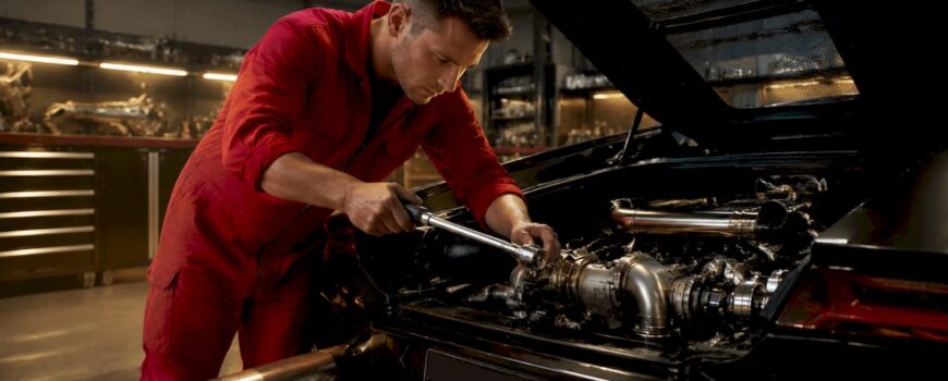 Technician adjusting Lamborghini exhaust valve in workshop