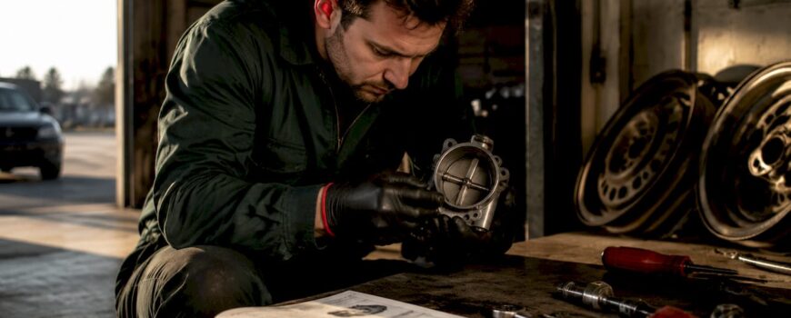 Mechanic inspecting exhaust butterfly valve in workshop