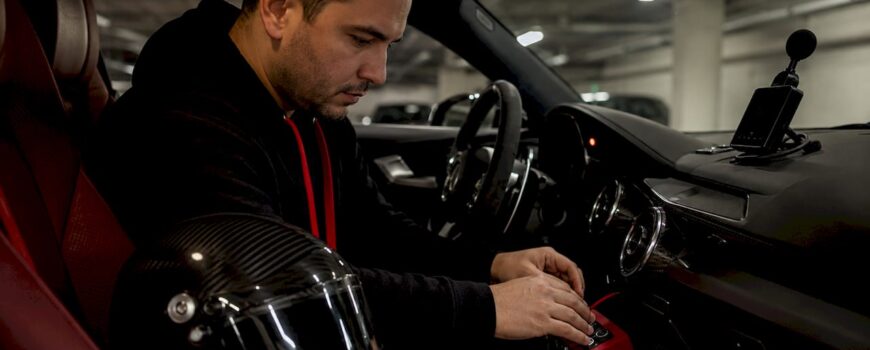 Man adjusting luxury car exhaust control inside vehicle