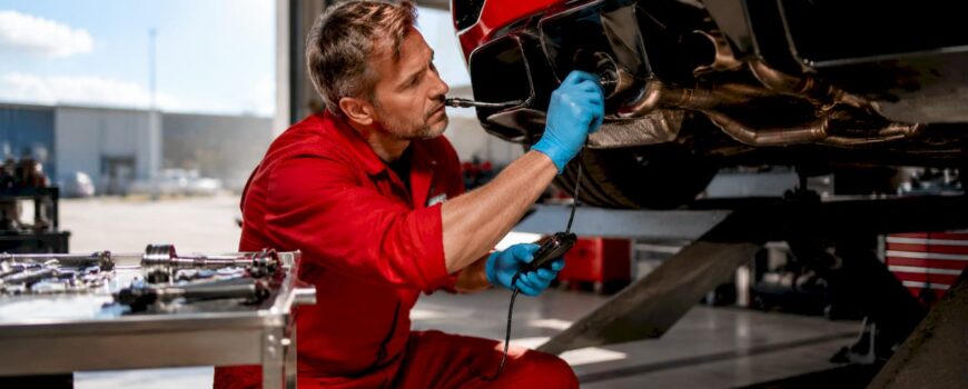Technician diagnosing supercar exhaust sound issue