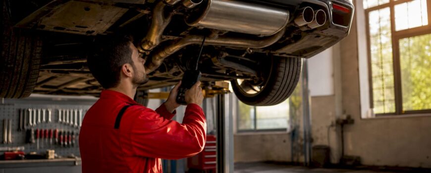 Automotive technician inspecting BMW exhaust system