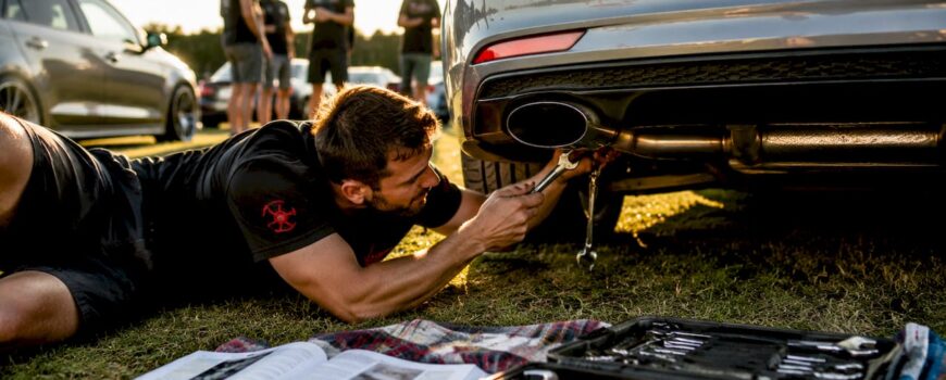 Man adjusting Audi axle-back exhaust