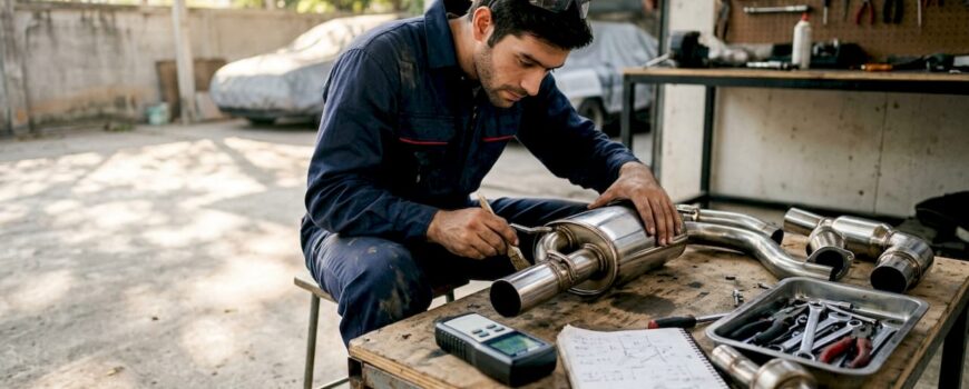 Engineer examining supercar exhaust muffler parts