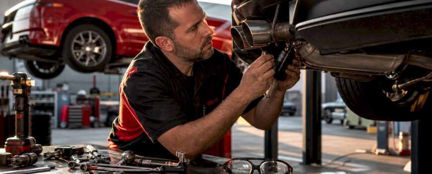 Mechanic installing variable valve exhaust system