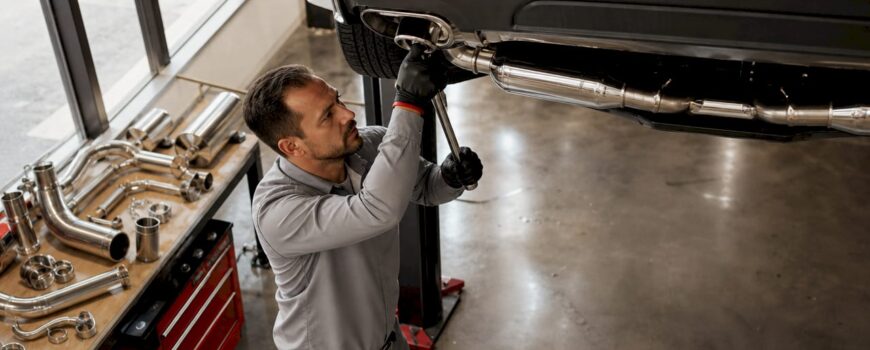 Technician fitting luxury exhaust system under Audi RS6