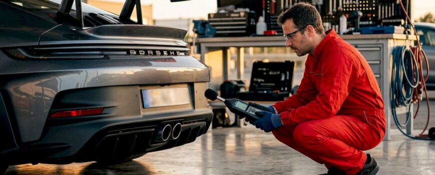 Engineer testing car exhaust sound level