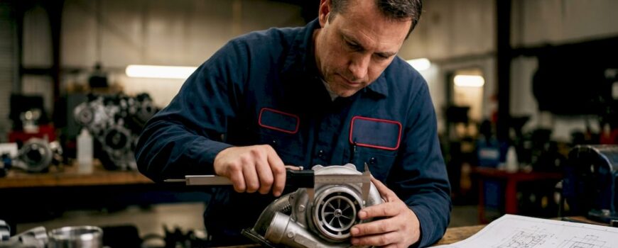 Engineer inspecting turbo exhaust components on bench