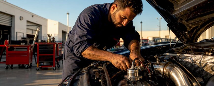 Mechanic installing valve exhaust system in sports car