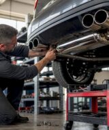 Technician installing car exhaust system under vehicle