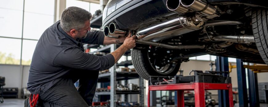 Technician installing car exhaust system under vehicle