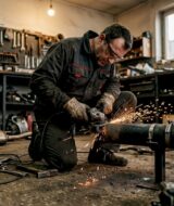 Mechanic modifying sports car exhaust pipe