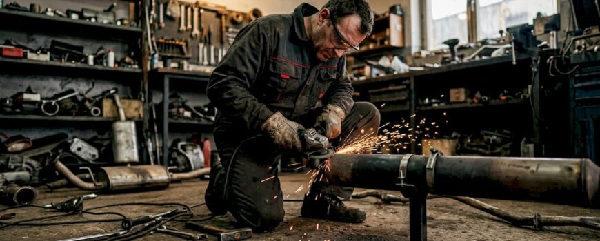 Mechanic modifying sports car exhaust pipe
