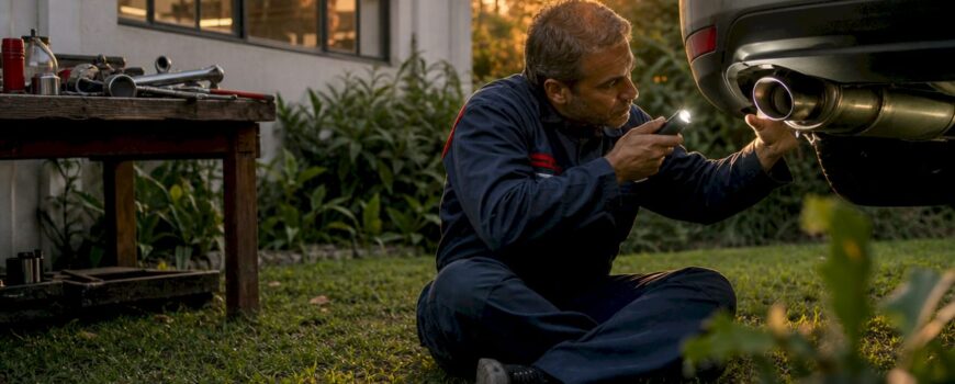 Mechanic inspecting car exhaust pipe