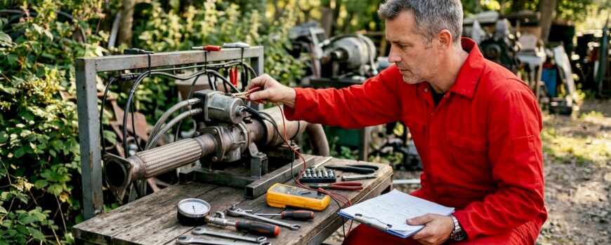 Technician testing exhaust valve motor on workbench