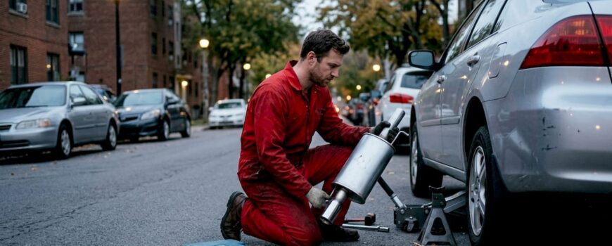 Car enthusiast inspecting OEM exhaust muffler