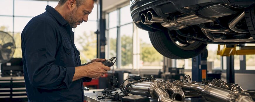 Technician installing exhaust controller module under car
