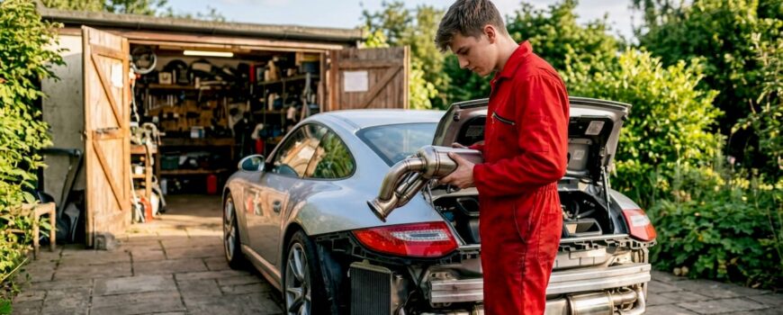Mechanic inspecting race exhaust component next to car