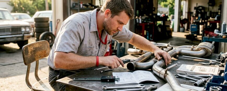 Technician inspecting exhaust system layout