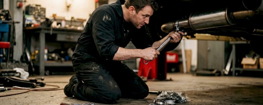 Mechanic installing exhaust resonator under car