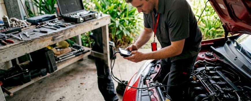 Technician tuning sports car ECU at cold start