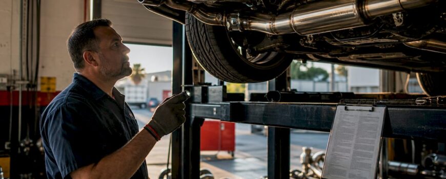 Technician inspecting sports car exhaust compliance