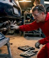 Mechanic checking high-performance car exhaust