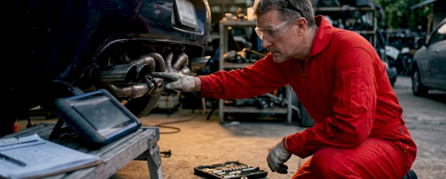 Mechanic checking high-performance car exhaust