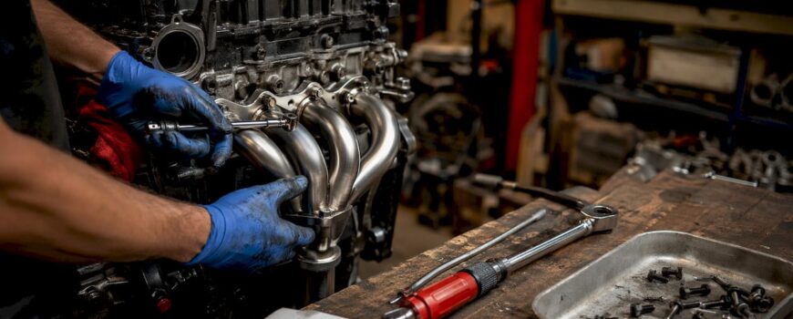 Mechanic installing exhaust manifold on engine