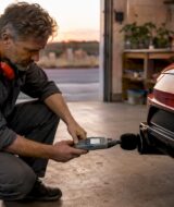 Engineer measuring aftermarket exhaust sound on sports car