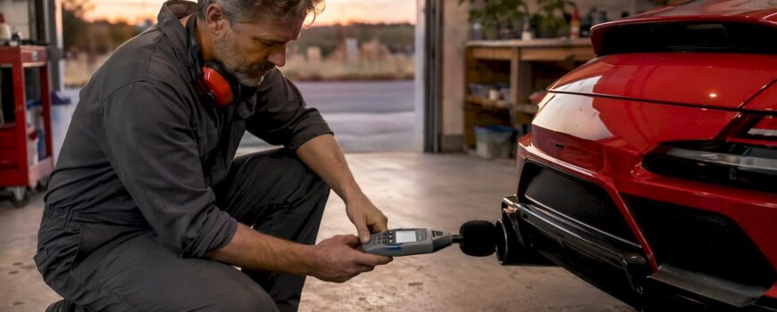 Engineer measuring aftermarket exhaust sound on sports car