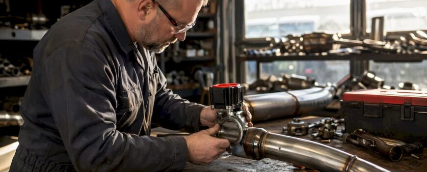 Mechanic installing electronically controlled exhaust valve