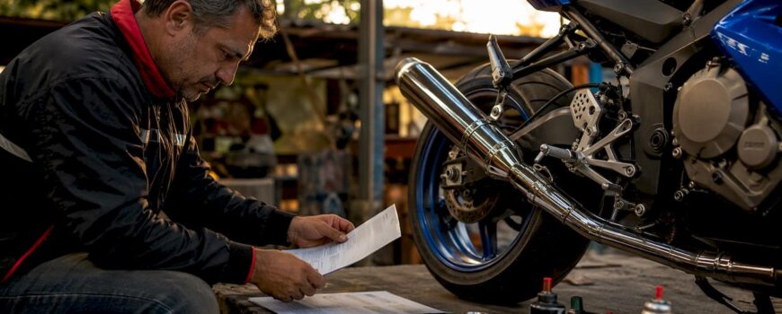 Man reviewing motorcycle exhaust certification in garage
